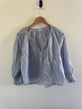 Rails Blue White Gingham Blouse Size Large Smocked Puff Sleeve Cottagecore Top